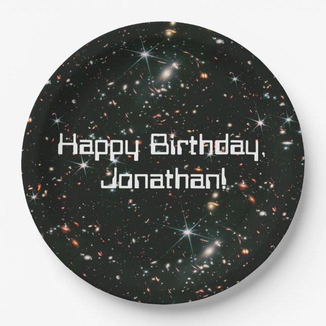 Telescopic Space Galaxies Stars Happy Birthday Paper Plate (Front)