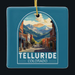 Telluride Colorado Travel Art Vintage Ceramic Ornament<br><div class="desc">Telluride retro vector travel design in an emblem style. Telluride,  a former Victorian mining town in Colorado’s Rocky Mountains,  is set in a box canyon amid forested peaks at the base of a popular ski-and-golf resort.</div>