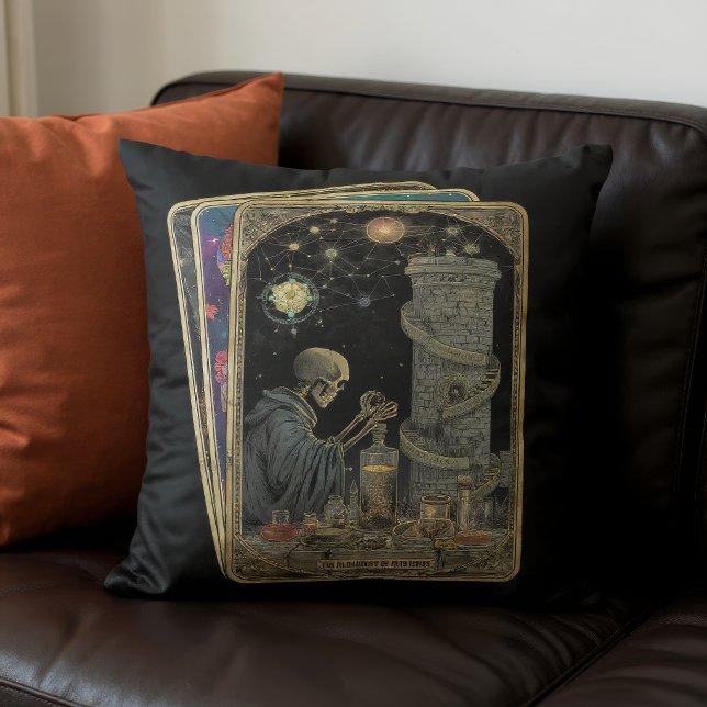 Temperance/Alchemy Tarot Card on Black Cushion (Black pillow with a tarot card design sits on a couch.)