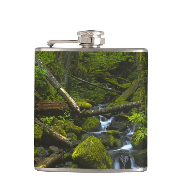 Temperate Rainforest Stream in Columbia River Hip Flask (Front)