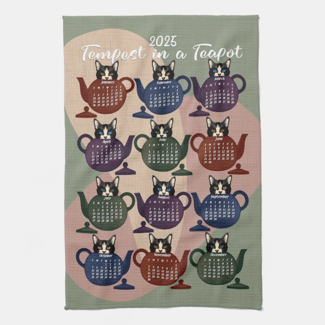 Tempest in a Teapot Kitten Cat Cute 2025 Calendar Tea Towel (Vertical)