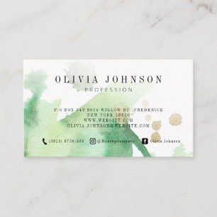 Template Business Cards Green Gold Watercolor Art