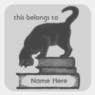 Template Cat on Books Label -Grey Background