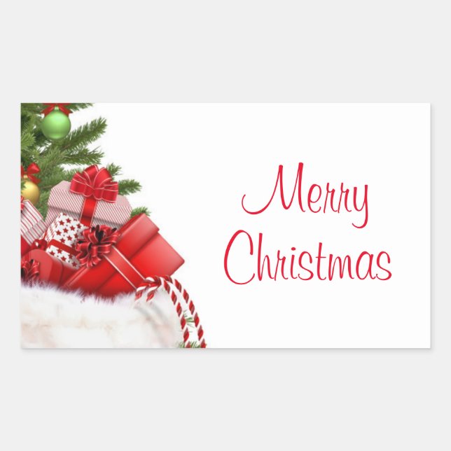 Template Custom Merry Christmas Tree And Gifts Rectangular Sticker (Front)