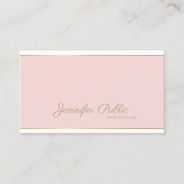 Template Elegant Handwritten Script Pink Gold Top Business Card (Front)