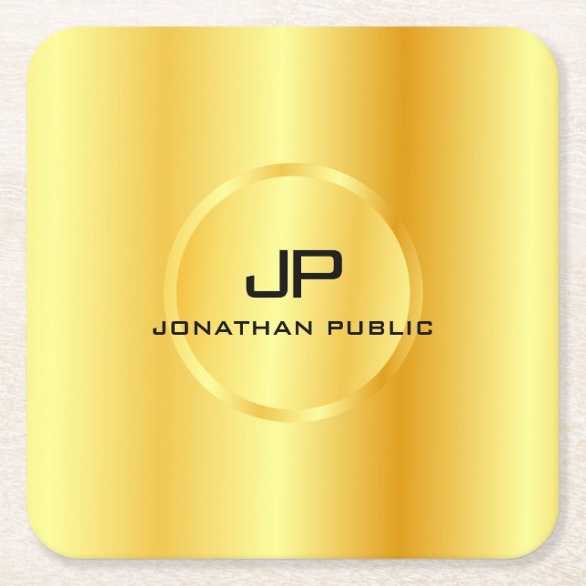 Template Gold Look Elegant Modern Monogram Square Paper Coaster (Front)