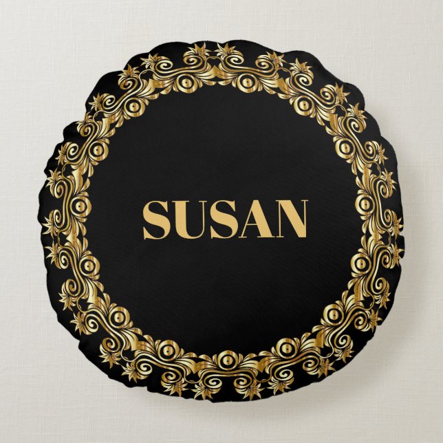 TEMPLATE, Name, Decorative gold frame Round Cushion (Front)