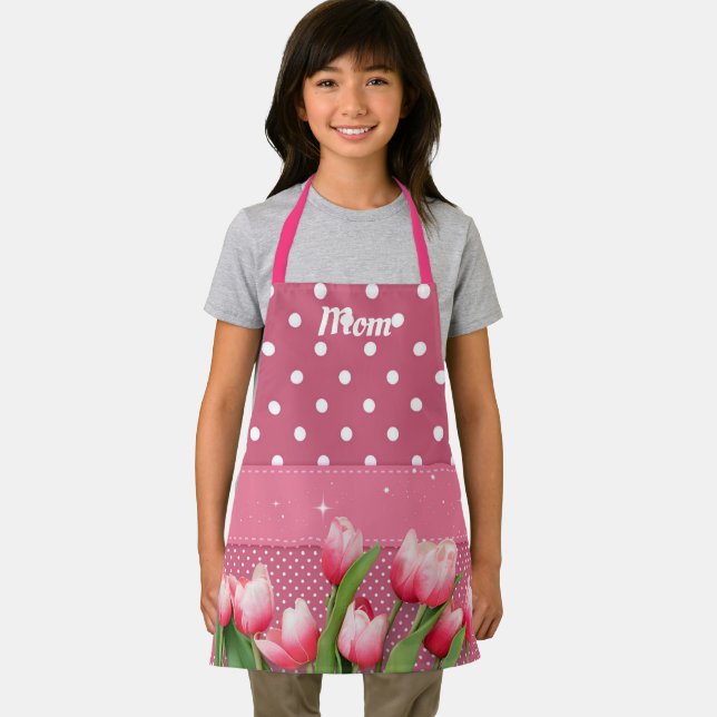 Template Pink Tulips on Pink and White Polka Dots  Apron (Insitu)
