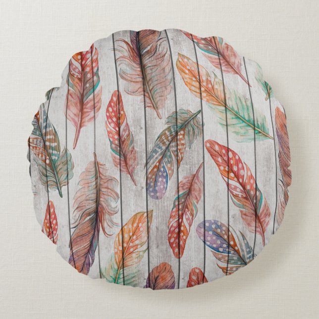 Template seamless pattern with colour feathers. Fr Round Cushion (Front)