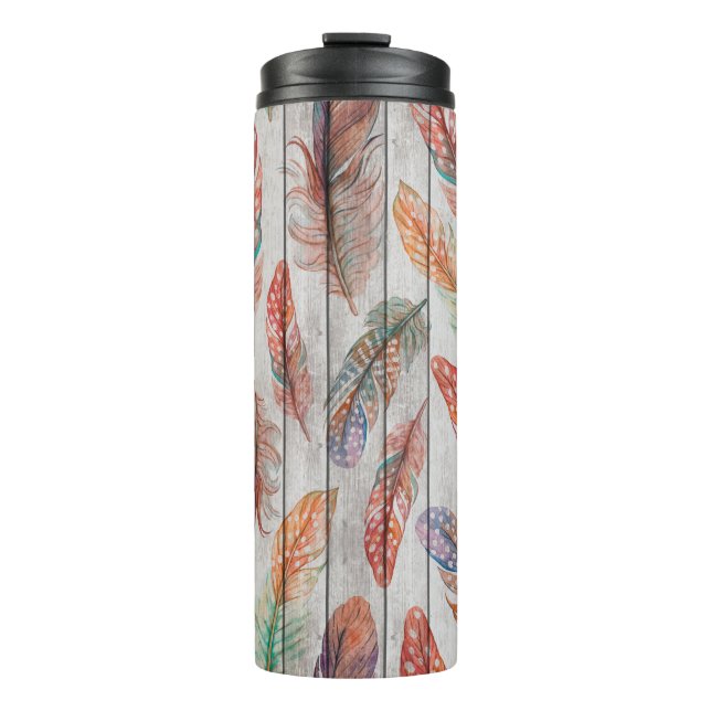 Template seamless pattern with colour feathers. Fr Thermal Tumbler (Front)