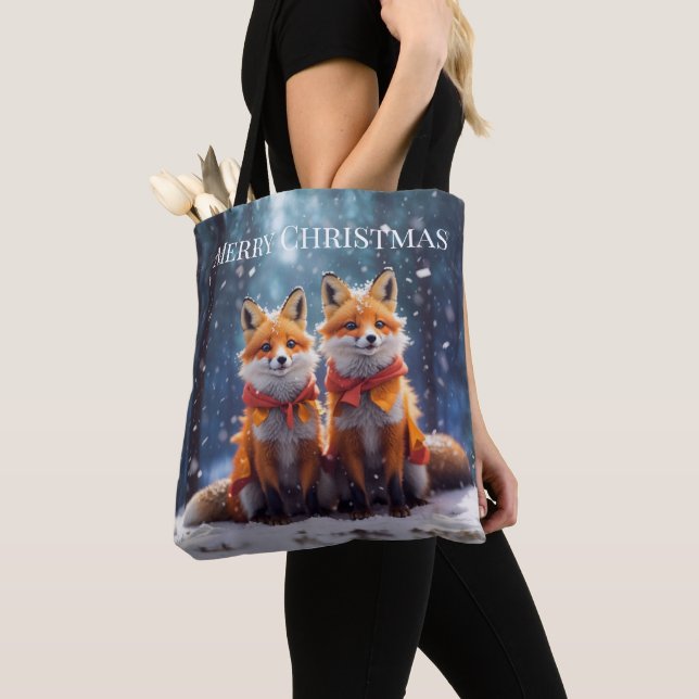 Template Tote Bag Cute Foxes In A Snowy Forest (Close Up)