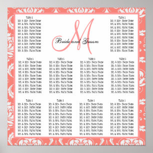 Template Wedding Seating Chart Damask Coral Pink