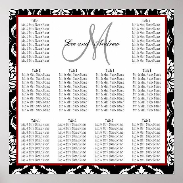 Template Wedding Seating Chart Damask Hot Red (Front)