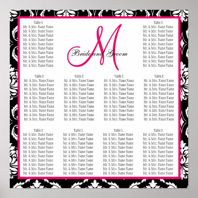 Template Wedding Seating Chart Damask Pink (Front)