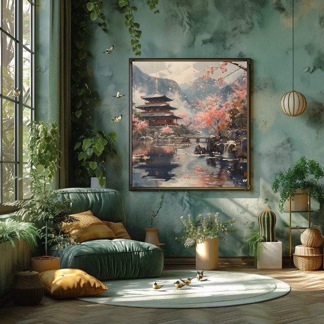 Temple and Cherry Blossoms in Bloom: Impressionist Poster (Creator Uploaded)