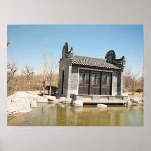 Temple in the water with blue sky poster