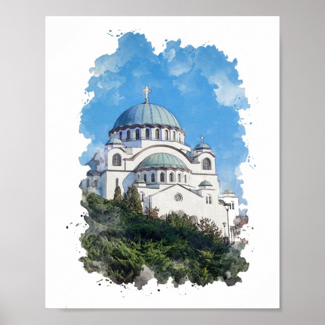 Temple of Saint Sava Serbia Watercolor Art  Poster (Front)