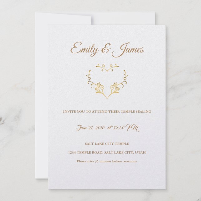 Temple Wedding Invitation-Fancy Gold Heart Invitation (Front)