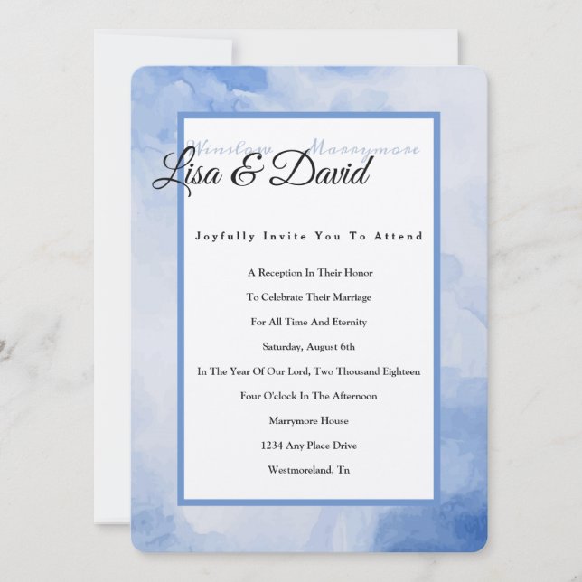 Temple Wedding Reception Invite-Blue Watercolor Invitation (Front)