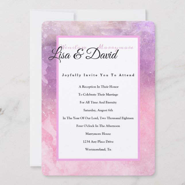 Temple Wedding Reception Invite-Pink Watercolor Invitation (Front)