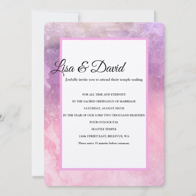Temple Wedding & Reception Invite-Pink Watercolor Invitation (Front)