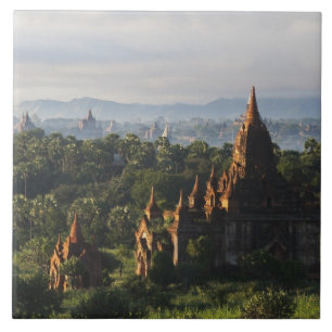 Temples at sunrise, Bagan, Myanmar Tile