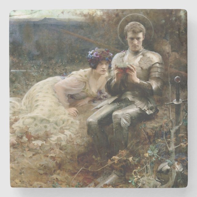 Temptation of Sir Percival (Mediaeval Knight) Stone Coaster (Front)