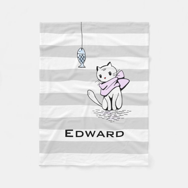 Tempted White Cat & Fish Fleece Blanket (Front)