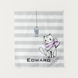 Tempted White Cat & Fish Tapestry