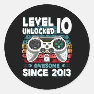 Ten 10yr Bday Son Boy Funny Gamer 10th 10 Year Old Classic Round Sticker