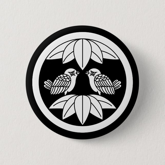 Ten bamboo leaves & facing sparrows in circle 6 cm round badge (Front)
