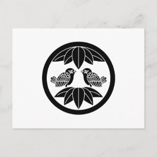 Ten bamboo leaves & facing sparrows in circle postcard