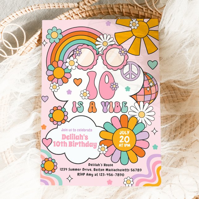 Ten Is A Vibe Groovy 70s Flower Power Birthday  Invitation (Creator Uploaded)