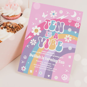 Ten Is A Vibe Groovy Hippie Rainbow 10th Birthday Invitation