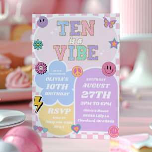 Ten Is A Vibe Preppy Patch 10th Birthday Party Invitation