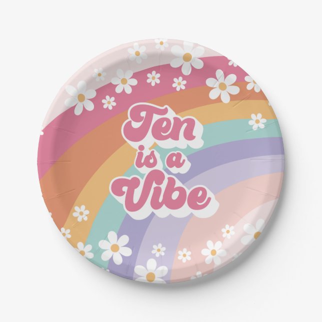 Ten is a Vibe Retro Rainbow 10th Birthday Paper Plate (Front)