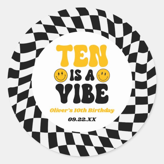 Ten Is A Vibe Retro Tenth 10th Birthday Party Classic Round Sticker (Front)