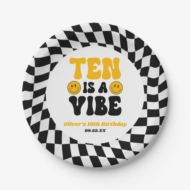 Ten Is A Vibe Retro Tenth 10th Birthday Party Paper Plate (Front)