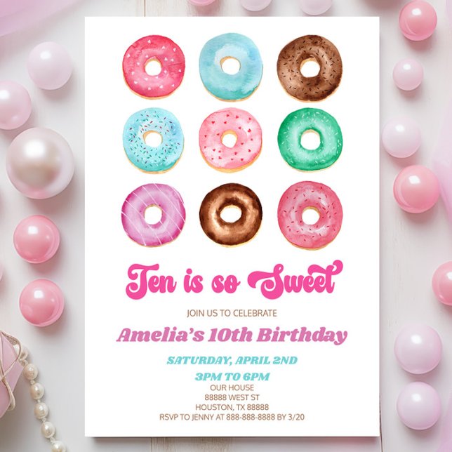 Ten Is So Sweet Doughnut 10th Birthday Party Invitation (Creator Uploaded)
