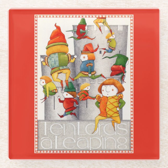 TEN LORDS A LEAPING Glass Beverage Coaster - Red (Front)