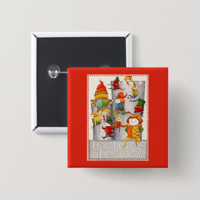 TEN LORDS A LEAPING Square Pin Button - Red (Front & Back)