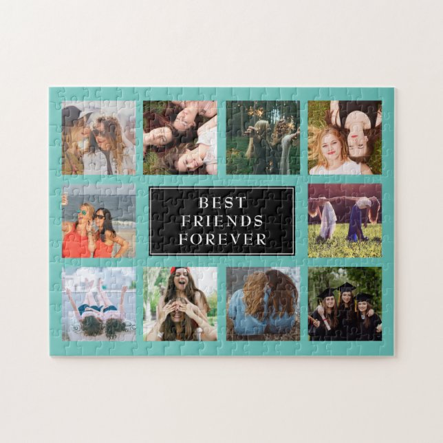 Ten Photo Collage Best Friends Forever Teal Jigsaw Puzzle (Horizontal)
