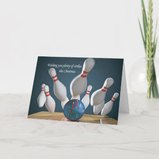 Ten-pin bowling Christmas card with verse
