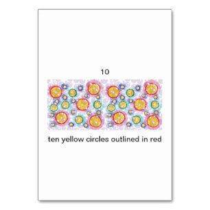 Ten yellow circles, with red, number flashcards table number