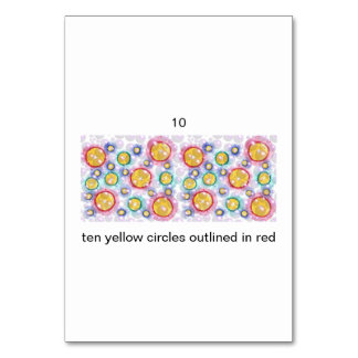 Ten yellow circles, with red, number flashcards table number