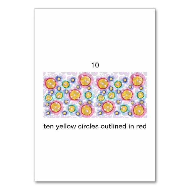 Ten yellow circles, with red, number flashcards table number (Back)