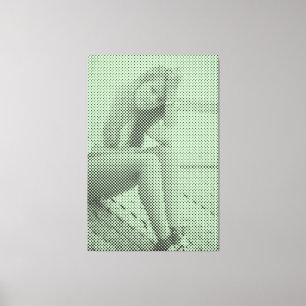 Tender Black&Green Halftone Effect Sitting Girl Canvas Print