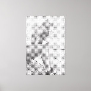Tender Black Halftone Effect Sitting Girl Canvas Print