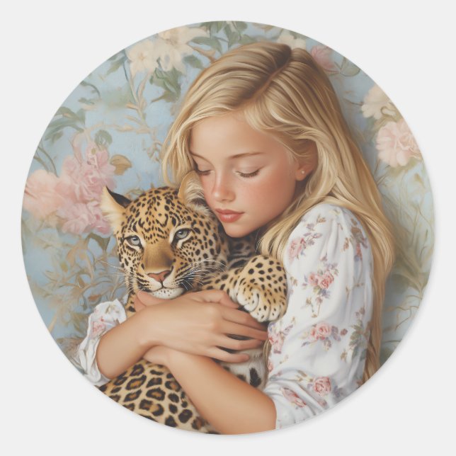 Tender Embrace with Leopard Classic Round Sticker (Front)