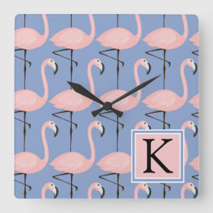 Tender Flamingo Pattern Monogram Square Wall Clock